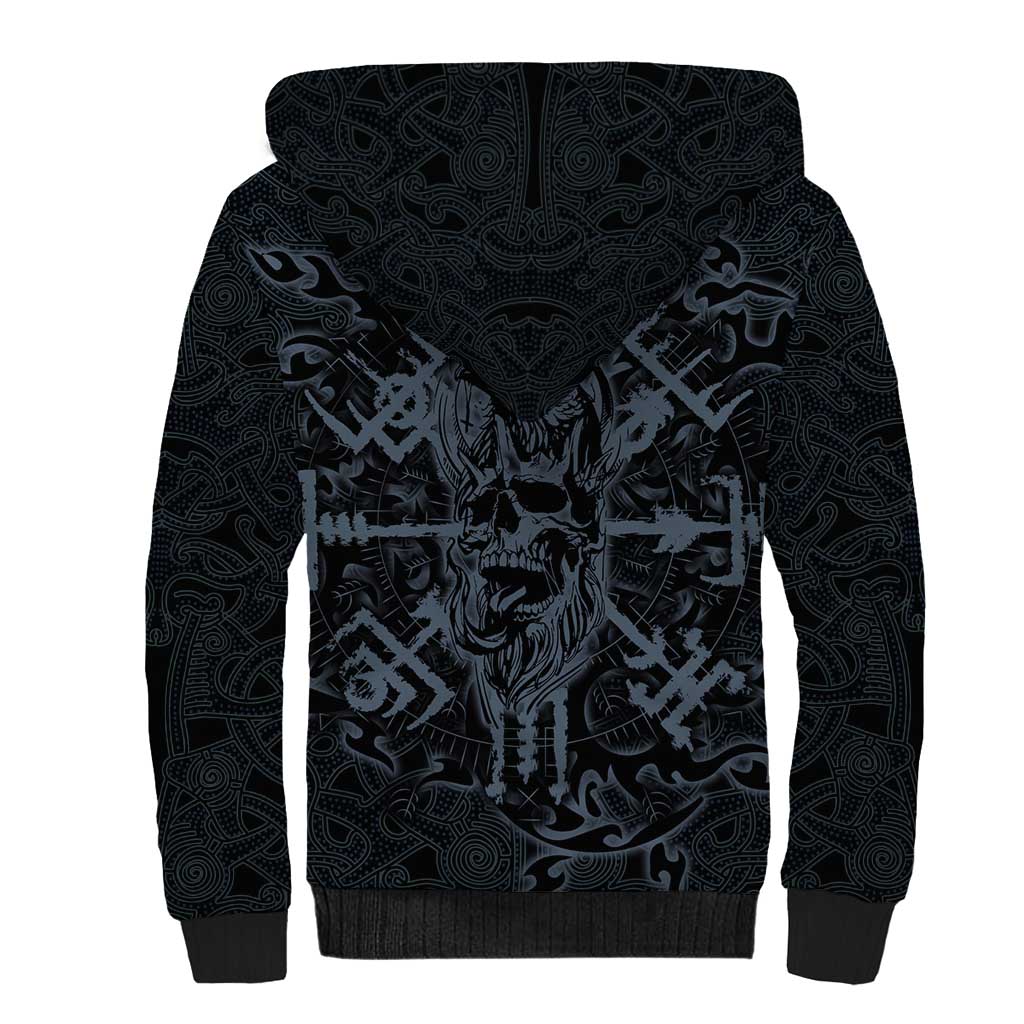 Viking Horned Skull and Raven Emblem Sherpa Hoodie Dark Nordic Tribal Grunge Illustration