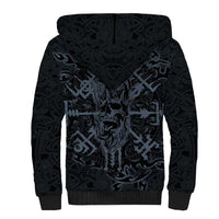Viking Horned Skull and Raven Emblem Sherpa Hoodie Dark Nordic Tribal Grunge Illustration