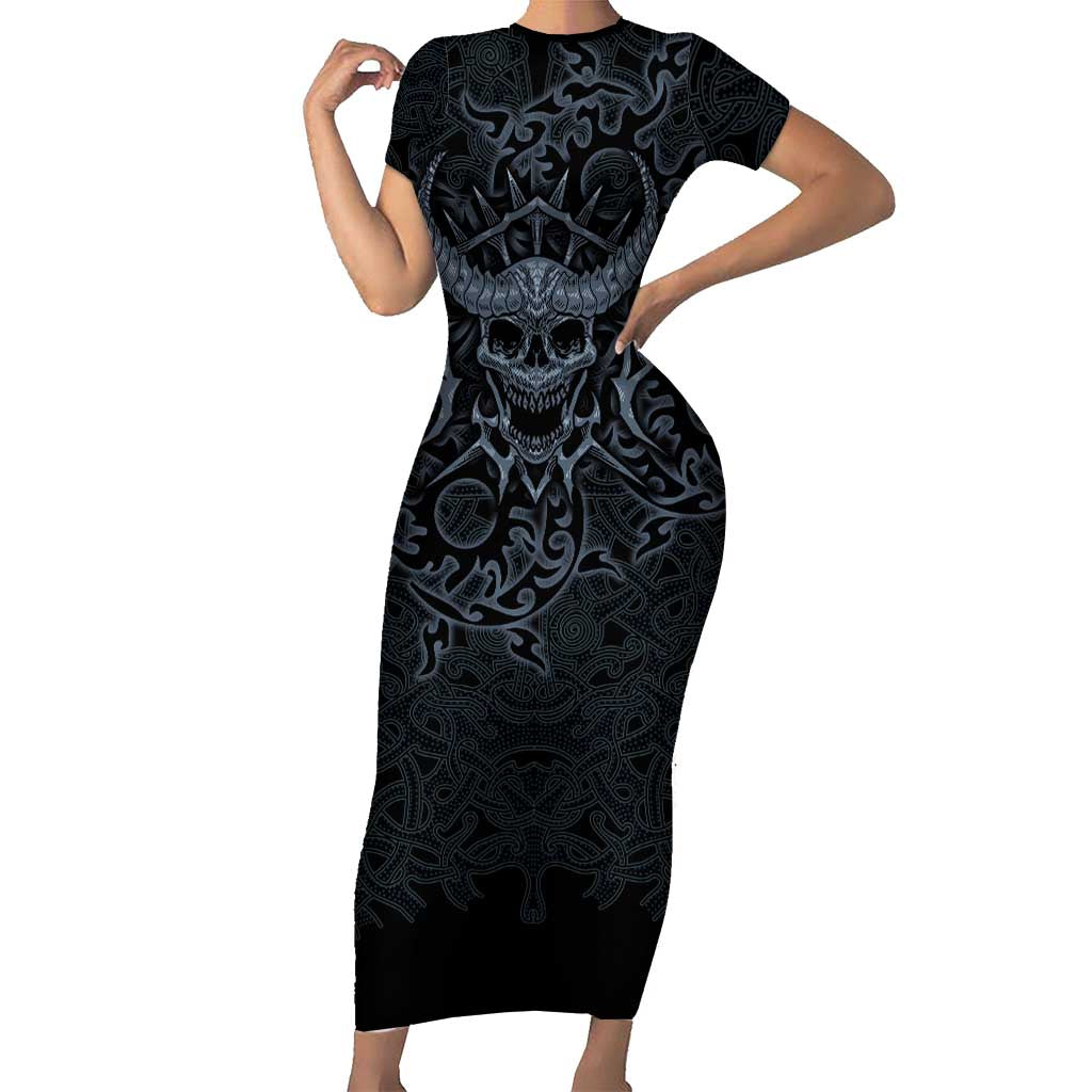 Viking Horned Skull and Raven Emblem Short Sleeve Bodycon Dress Dark Nordic Tribal Grunge Illustration
