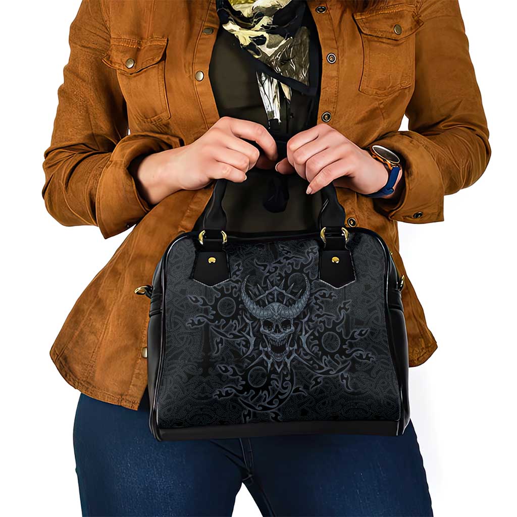 Viking Horned Skull and Raven Emblem Shoulder Handbag Dark Nordic Tribal Grunge Illustration