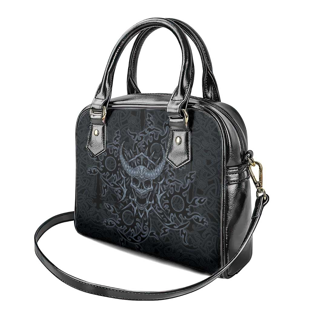 Viking Horned Skull and Raven Emblem Shoulder Handbag Dark Nordic Tribal Grunge Illustration