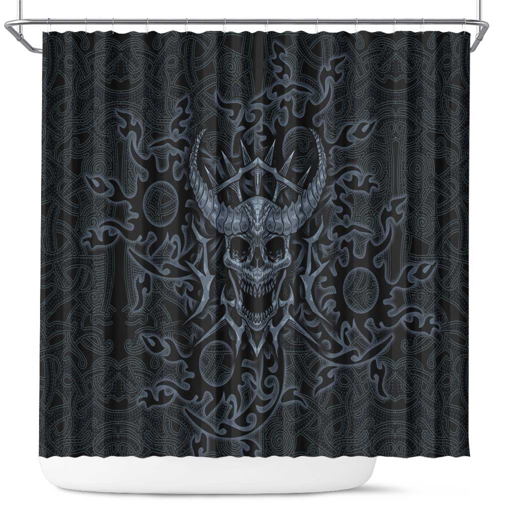 Viking Horned Skull and Raven Emblem Shower Curtain Dark Nordic Tribal Grunge Illustration
