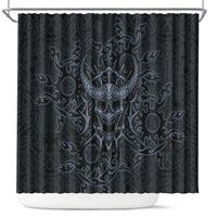 Viking Horned Skull and Raven Emblem Shower Curtain Dark Nordic Tribal Grunge Illustration