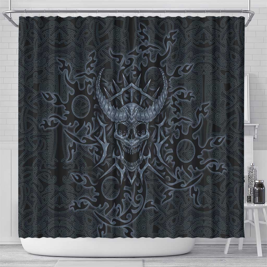 Viking Horned Skull and Raven Emblem Shower Curtain Dark Nordic Tribal Grunge Illustration