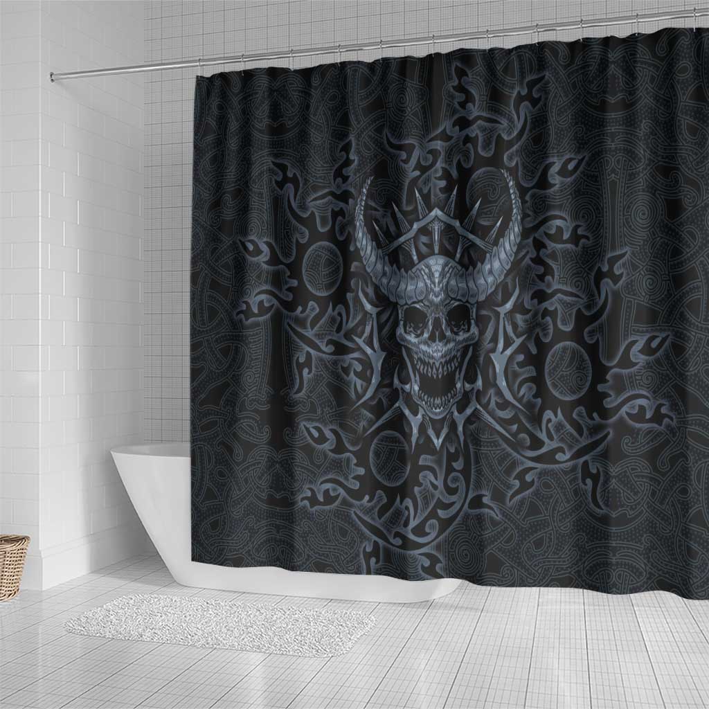 Viking Horned Skull and Raven Emblem Shower Curtain Dark Nordic Tribal Grunge Illustration