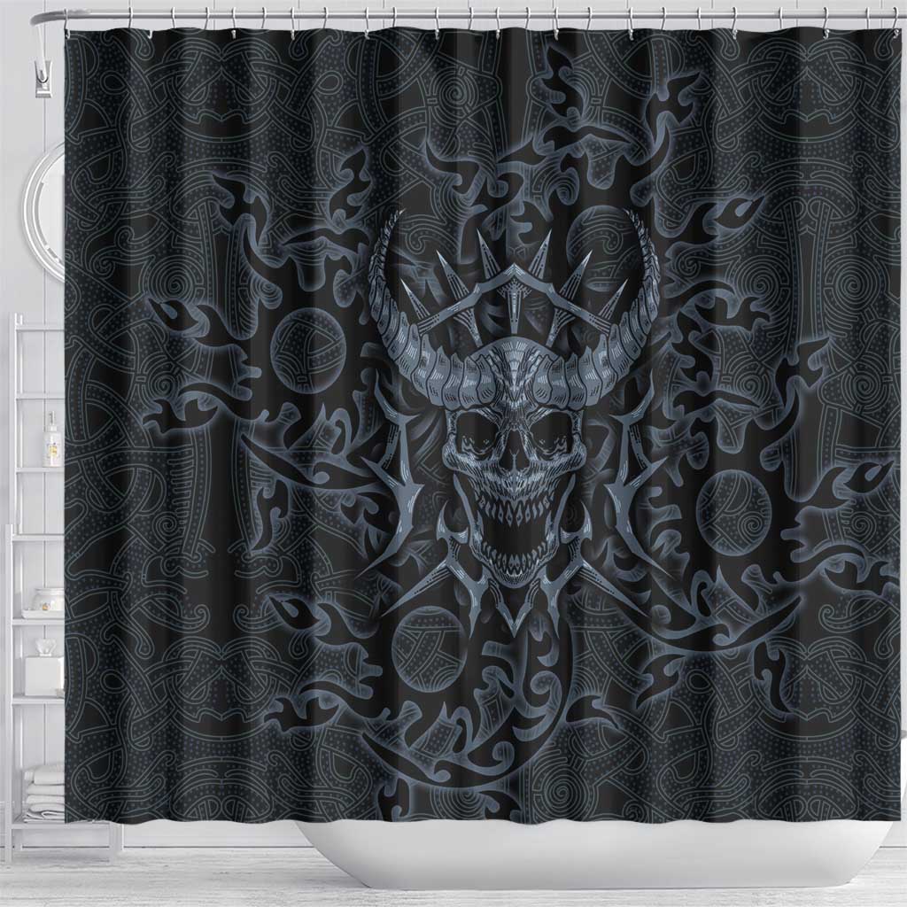 Viking Horned Skull and Raven Emblem Shower Curtain Dark Nordic Tribal Grunge Illustration