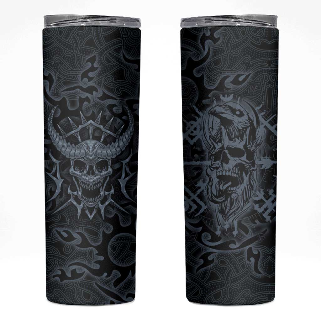 Viking Horned Skull and Raven Emblem Skinny Tumbler Dark Nordic Tribal Grunge Illustration