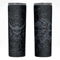 Viking Horned Skull and Raven Emblem Skinny Tumbler Dark Nordic Tribal Grunge Illustration