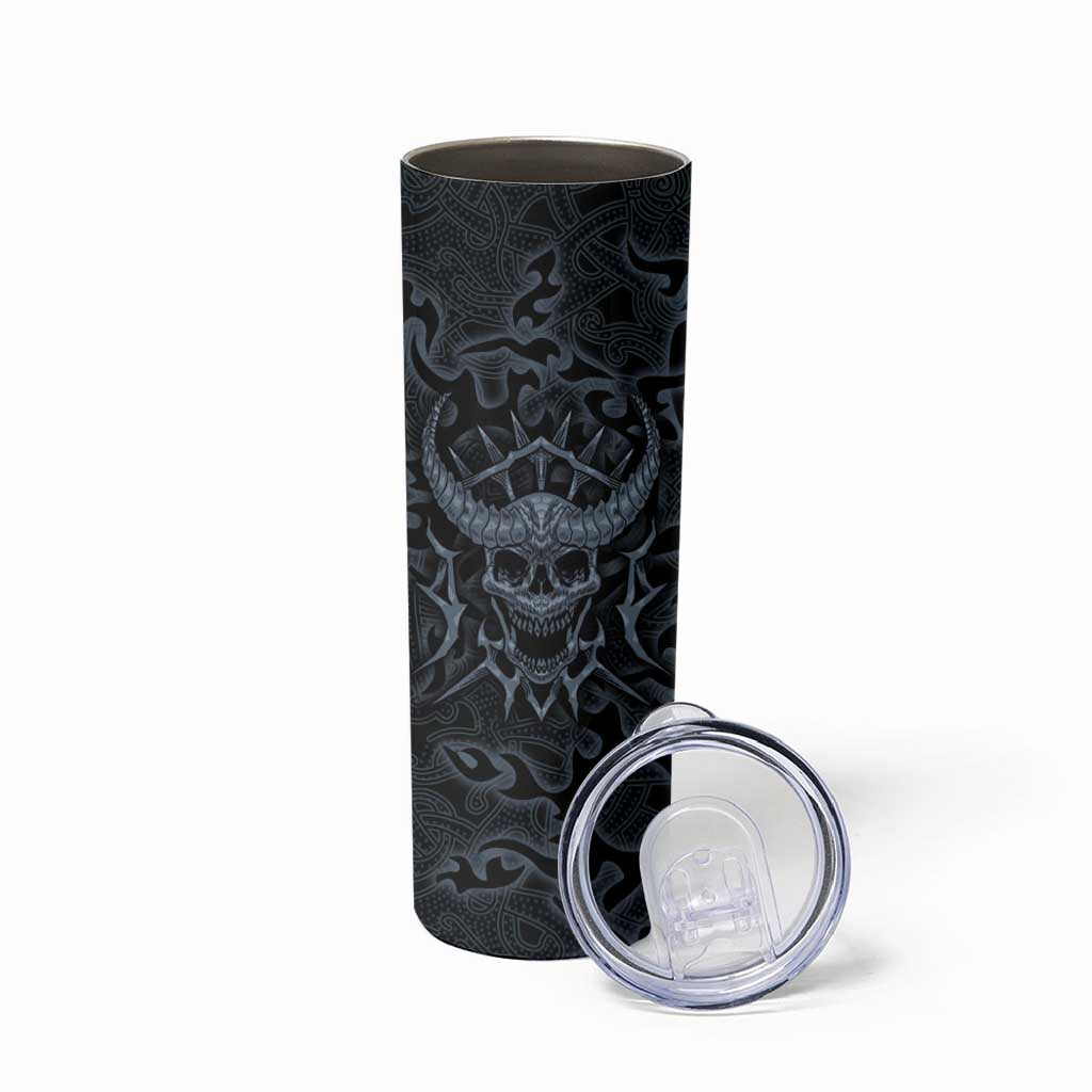Viking Horned Skull and Raven Emblem Skinny Tumbler Dark Nordic Tribal Grunge Illustration
