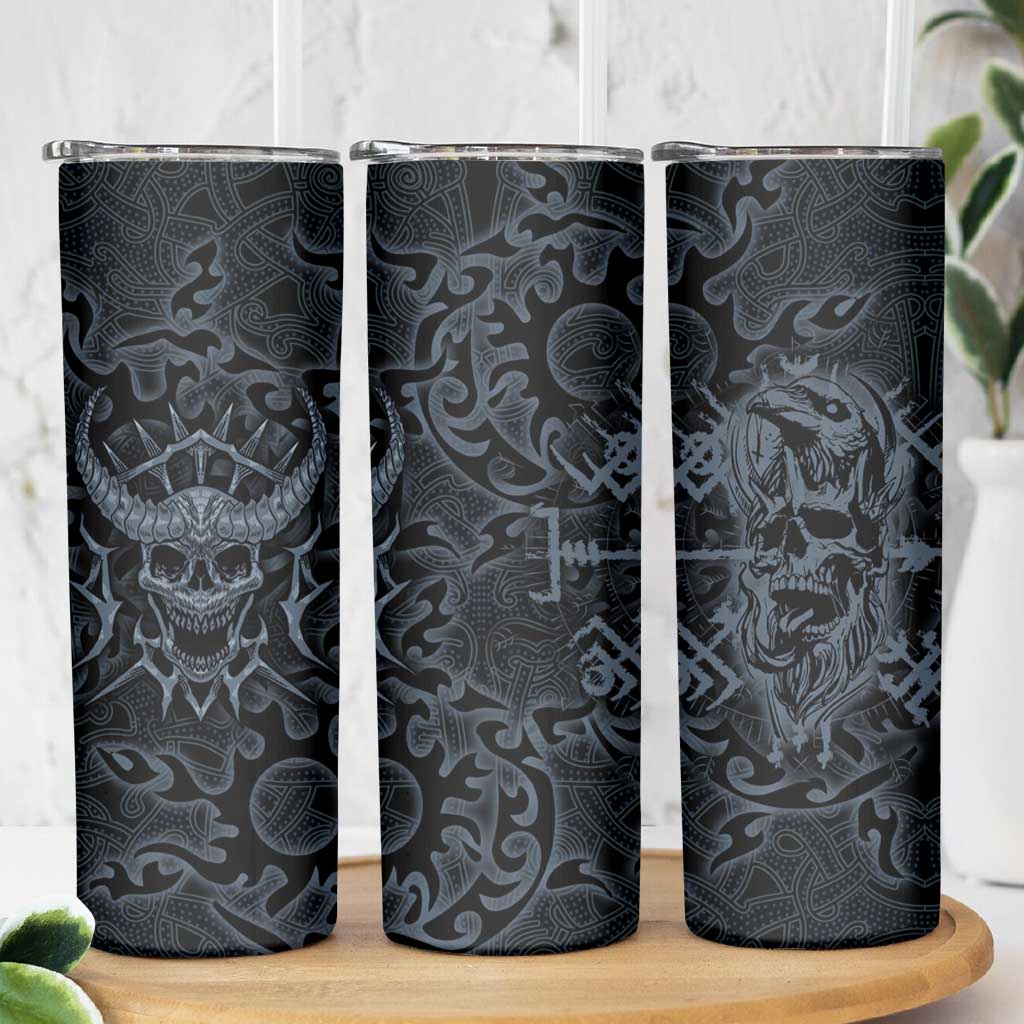 Viking Horned Skull and Raven Emblem Skinny Tumbler Dark Nordic Tribal Grunge Illustration
