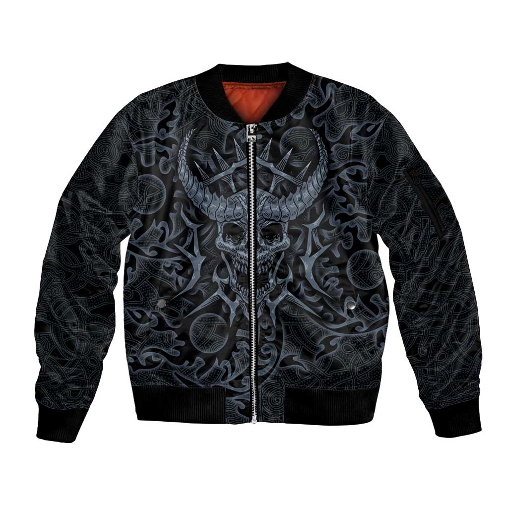 Viking Horned Skull and Raven Emblem Sleeve Zip Bomber Jacket Dark Nordic Tribal Grunge Illustration