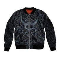 Viking Horned Skull and Raven Emblem Sleeve Zip Bomber Jacket Dark Nordic Tribal Grunge Illustration