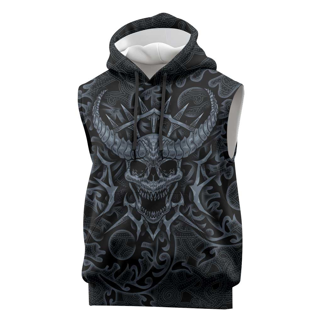 Viking Horned Skull and Raven Emblem Sleeveless Hoodie Dark Nordic Tribal Grunge Illustration