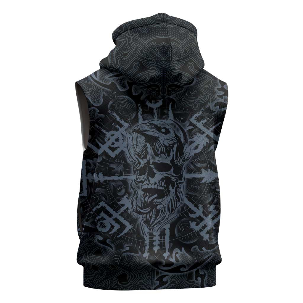 Viking Horned Skull and Raven Emblem Sleeveless Hoodie Dark Nordic Tribal Grunge Illustration