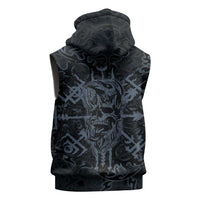 Viking Horned Skull and Raven Emblem Sleeveless Hoodie Dark Nordic Tribal Grunge Illustration