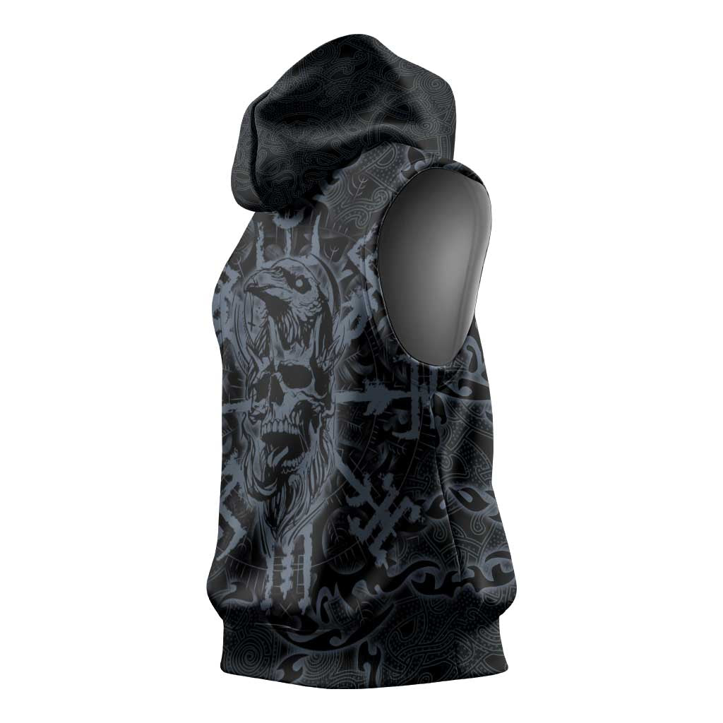 Viking Horned Skull and Raven Emblem Sleeveless Hoodie Dark Nordic Tribal Grunge Illustration