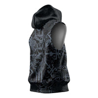 Viking Horned Skull and Raven Emblem Sleeveless Hoodie Dark Nordic Tribal Grunge Illustration