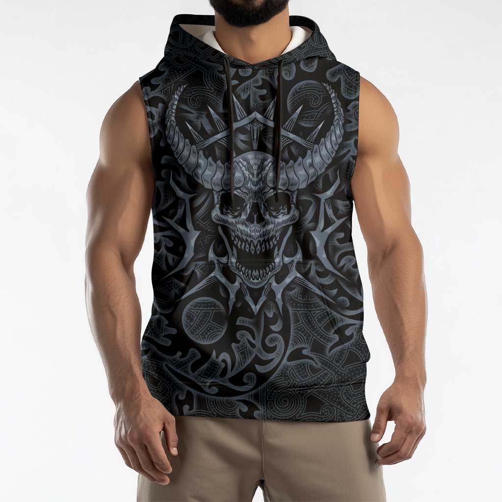 Viking Horned Skull and Raven Emblem Sleeveless Hoodie Dark Nordic Tribal Grunge Illustration