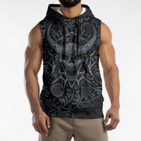 Viking Horned Skull and Raven Emblem Sleeveless Hoodie Dark Nordic Tribal Grunge Illustration