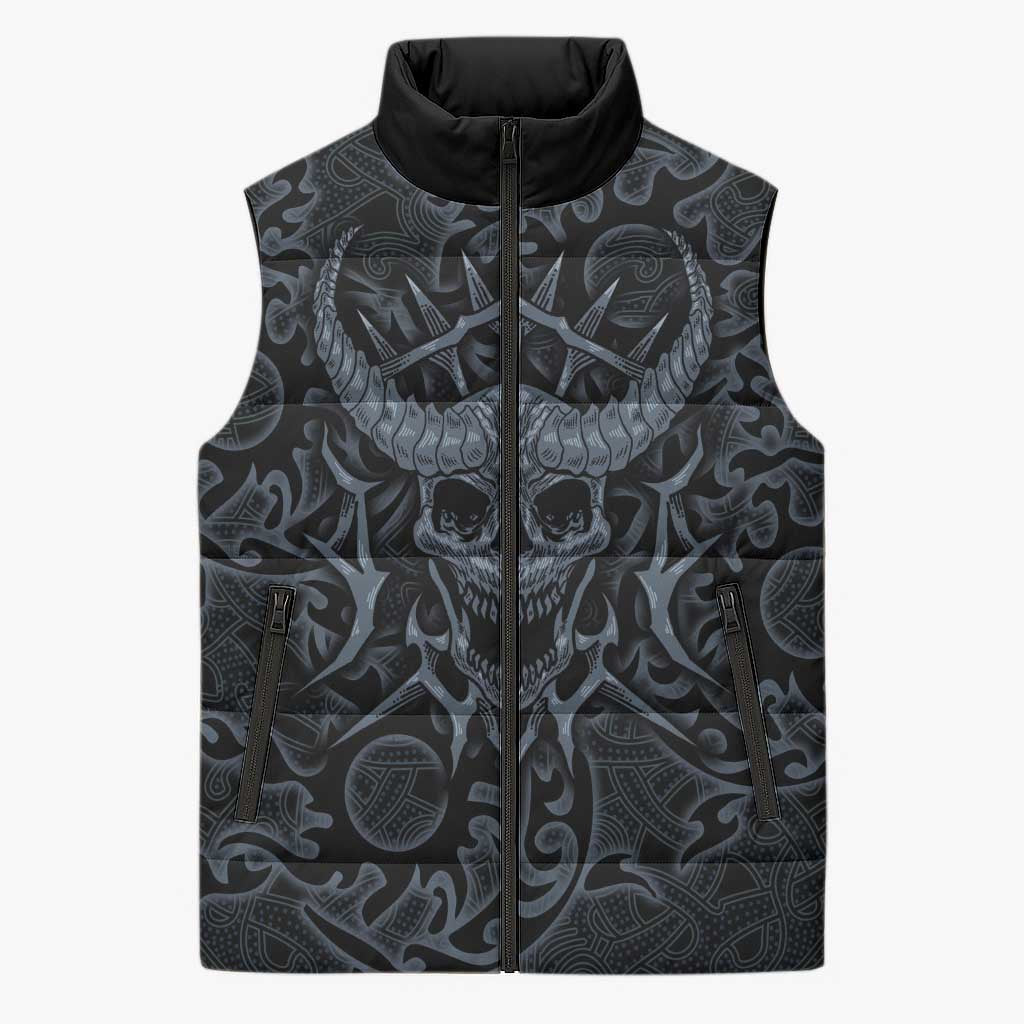 Viking Horned Skull and Raven Emblem Sleeveless Puffer Jacket Dark Nordic Tribal Grunge Illustration