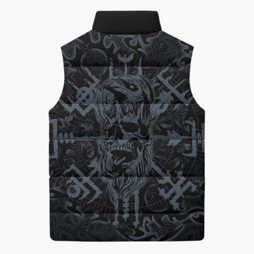 Viking Horned Skull and Raven Emblem Sleeveless Puffer Jacket Dark Nordic Tribal Grunge Illustration