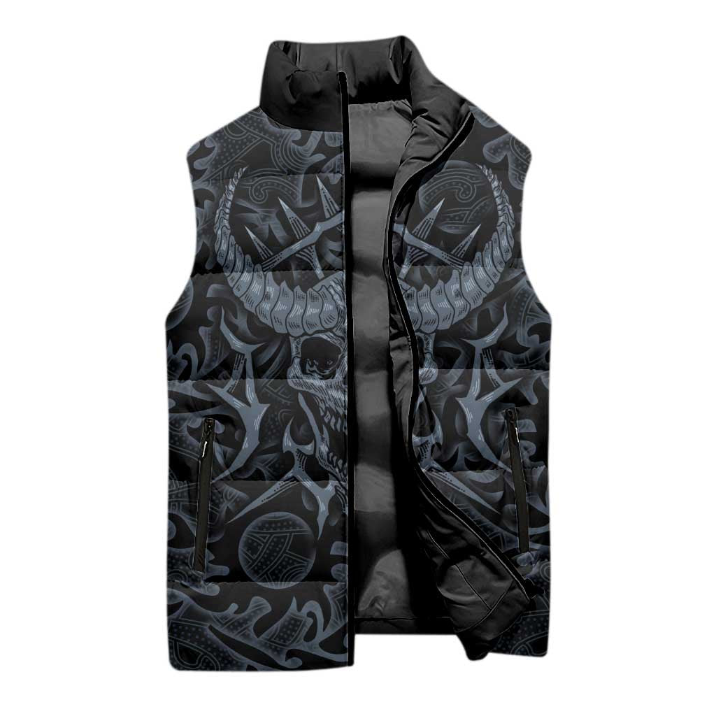 Viking Horned Skull and Raven Emblem Sleeveless Puffer Jacket Dark Nordic Tribal Grunge Illustration
