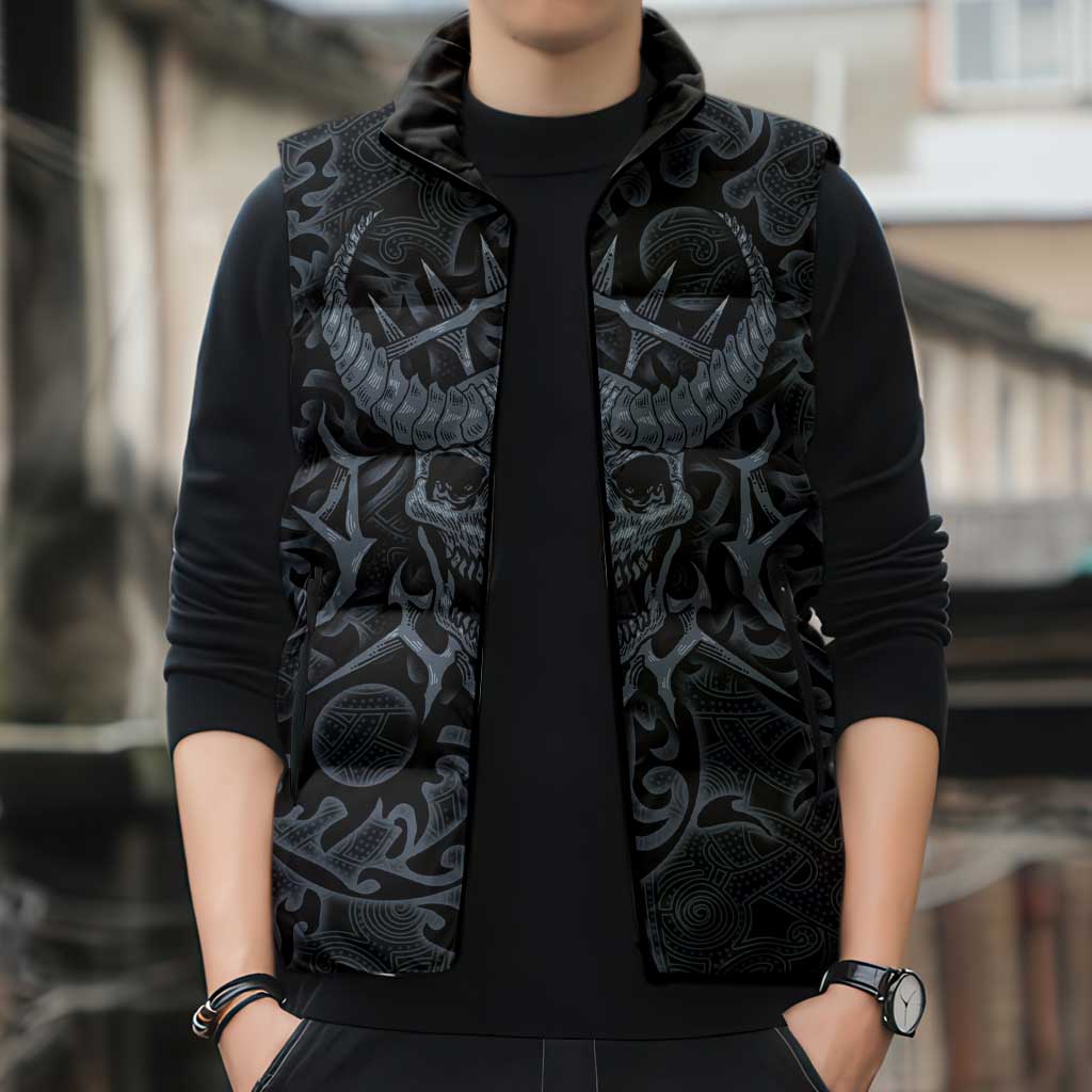 Viking Horned Skull and Raven Emblem Sleeveless Puffer Jacket Dark Nordic Tribal Grunge Illustration