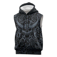Viking Horned Skull and Raven Emblem Sleeveless Zip Hoodie Dark Nordic Tribal Grunge Illustration