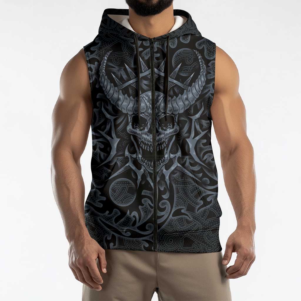 Viking Horned Skull and Raven Emblem Sleeveless Zip Hoodie Dark Nordic Tribal Grunge Illustration
