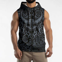 Viking Horned Skull and Raven Emblem Sleeveless Zip Hoodie Dark Nordic Tribal Grunge Illustration