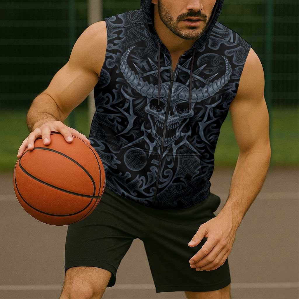 Viking Horned Skull and Raven Emblem Sleeveless Zip Hoodie Dark Nordic Tribal Grunge Illustration