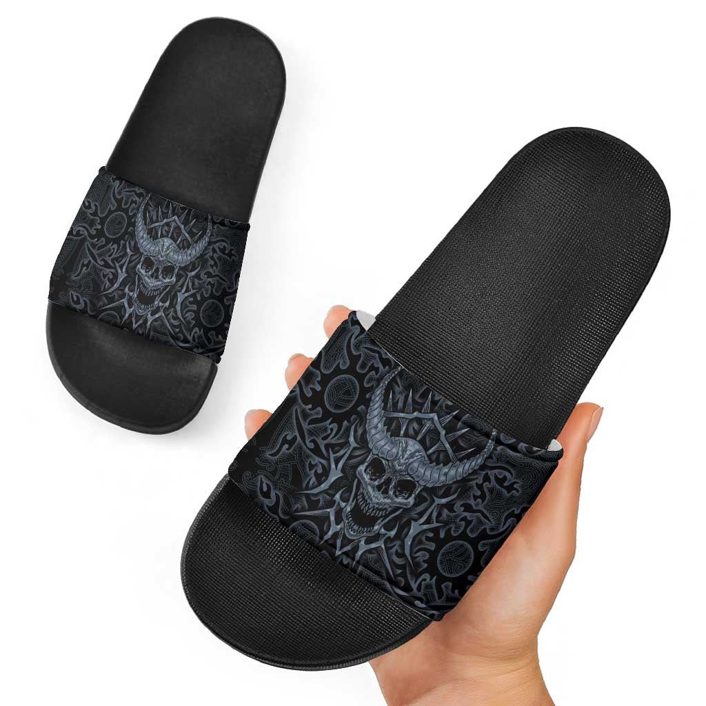 Viking Horned Skull and Raven Emblem Slide Sandals Dark Nordic Tribal Grunge Illustration