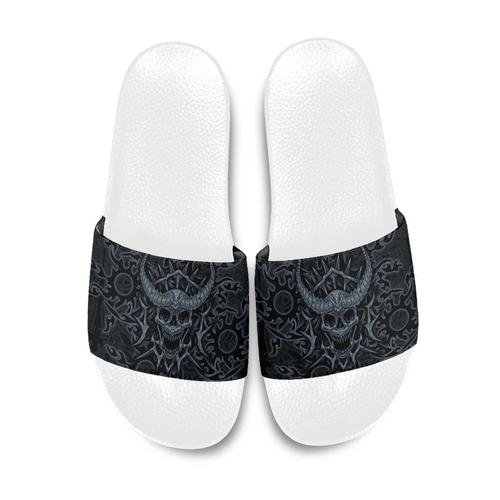 Viking Horned Skull and Raven Emblem Slide Sandals Dark Nordic Tribal Grunge Illustration