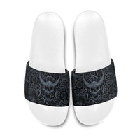 Viking Horned Skull and Raven Emblem Slide Sandals Dark Nordic Tribal Grunge Illustration