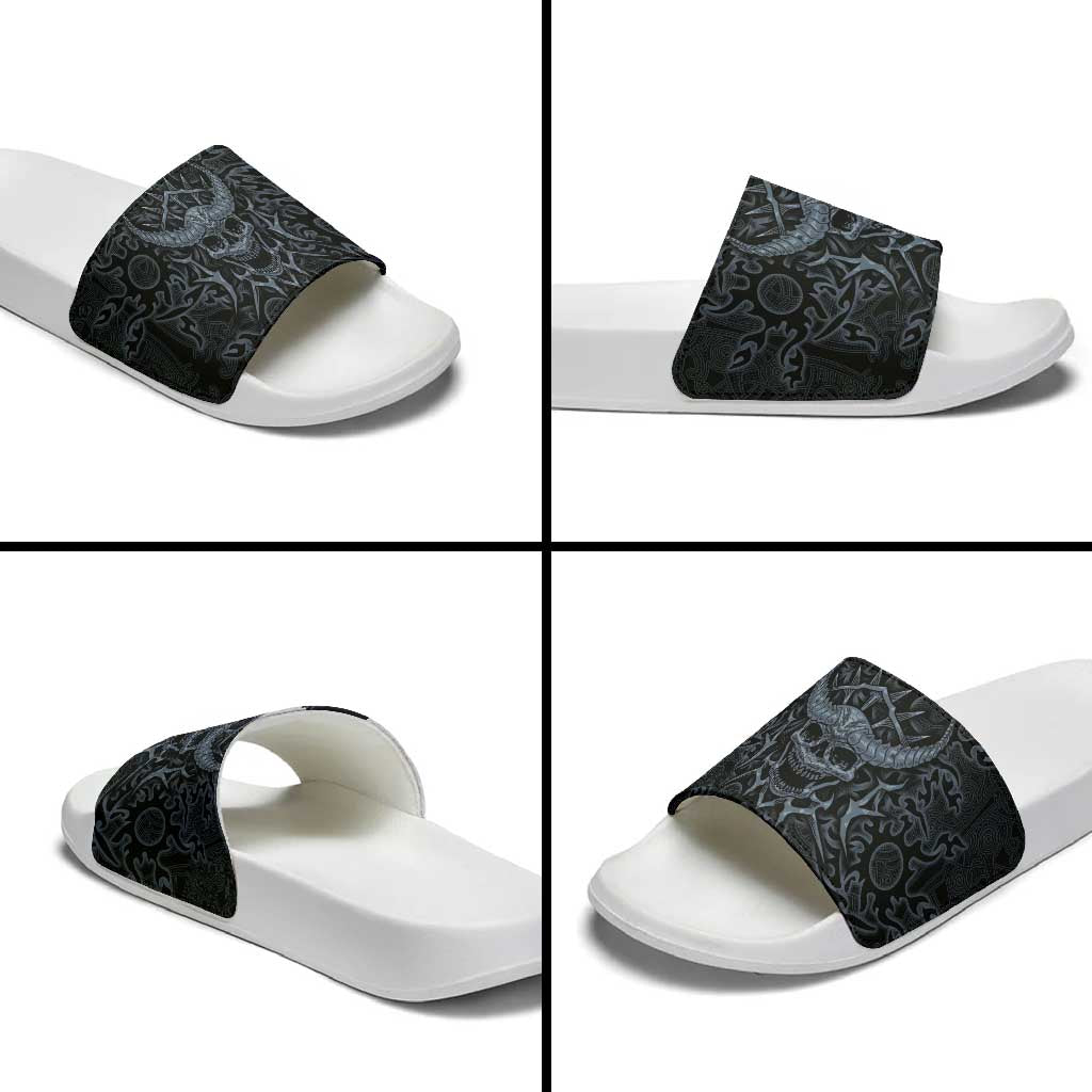 Viking Horned Skull and Raven Emblem Slide Sandals Dark Nordic Tribal Grunge Illustration
