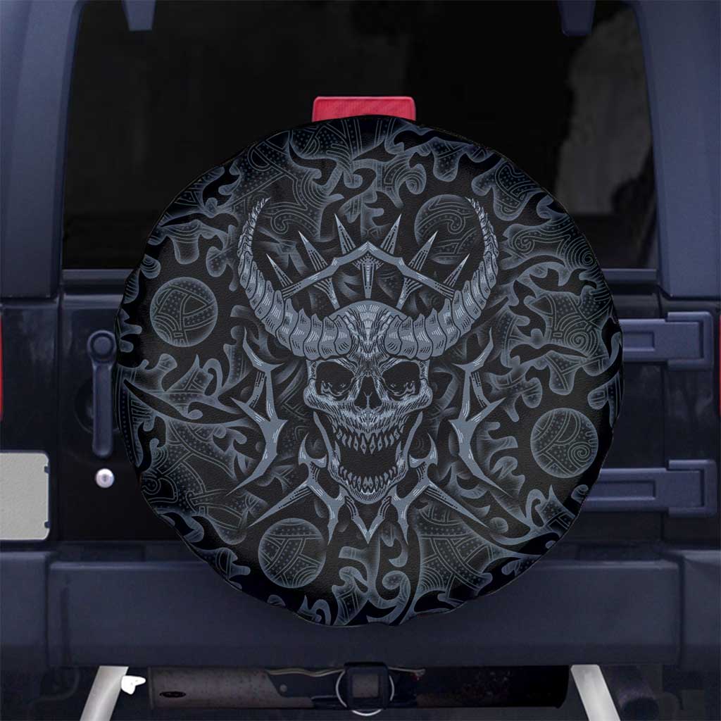 Viking Horned Skull and Raven Emblem Spare Tire Cover Dark Nordic Tribal Grunge Illustration