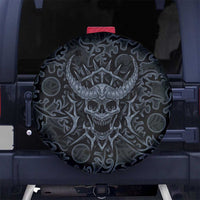 Viking Horned Skull and Raven Emblem Spare Tire Cover Dark Nordic Tribal Grunge Illustration