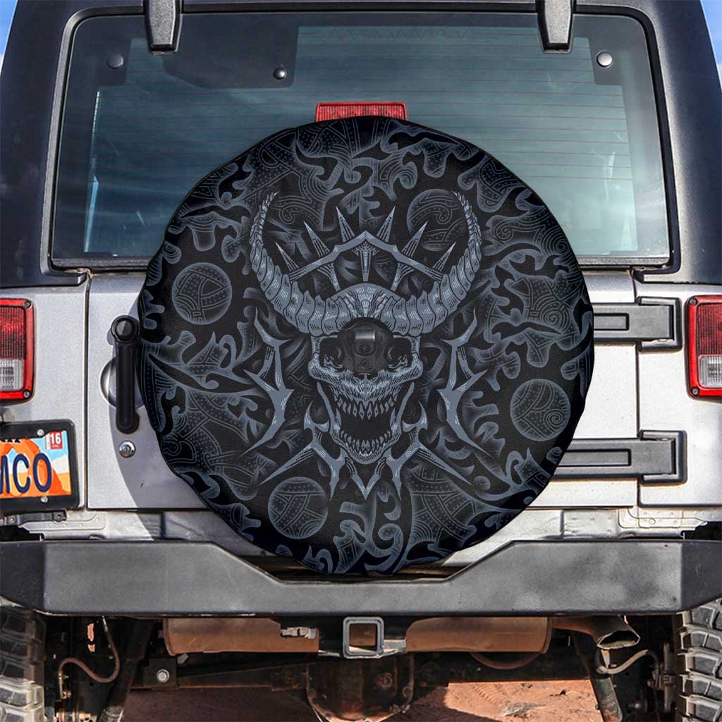 Viking Horned Skull and Raven Emblem Spare Tire Cover Dark Nordic Tribal Grunge Illustration