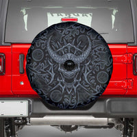 Viking Horned Skull and Raven Emblem Spare Tire Cover Dark Nordic Tribal Grunge Illustration