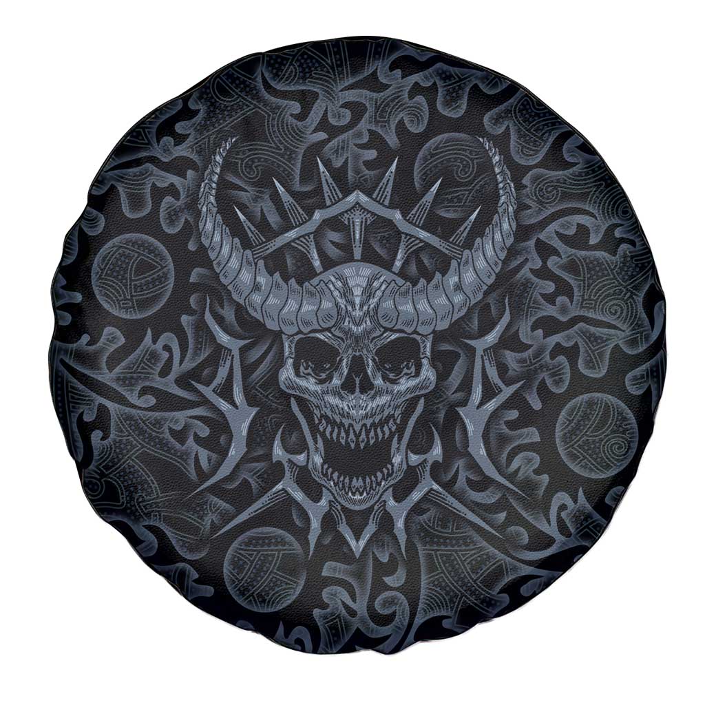 Viking Horned Skull and Raven Emblem Spare Tire Cover Dark Nordic Tribal Grunge Illustration