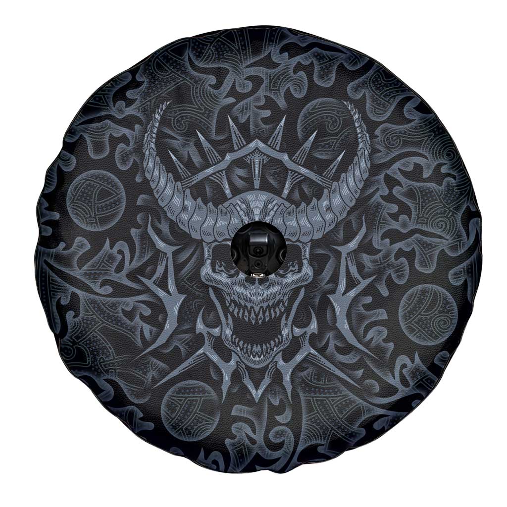 Viking Horned Skull and Raven Emblem Spare Tire Cover Dark Nordic Tribal Grunge Illustration