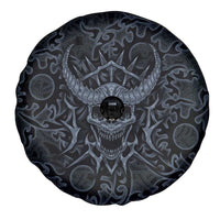 Viking Horned Skull and Raven Emblem Spare Tire Cover Dark Nordic Tribal Grunge Illustration