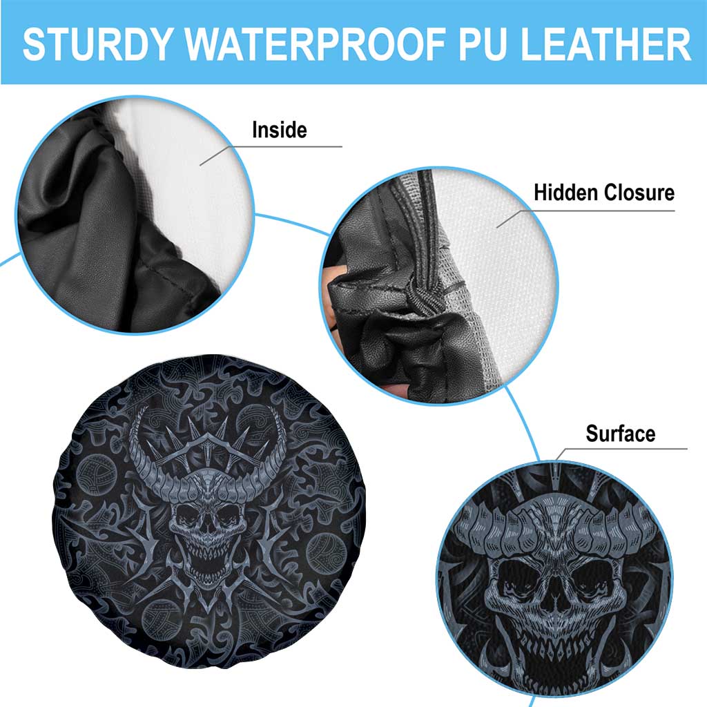Viking Horned Skull and Raven Emblem Spare Tire Cover Dark Nordic Tribal Grunge Illustration