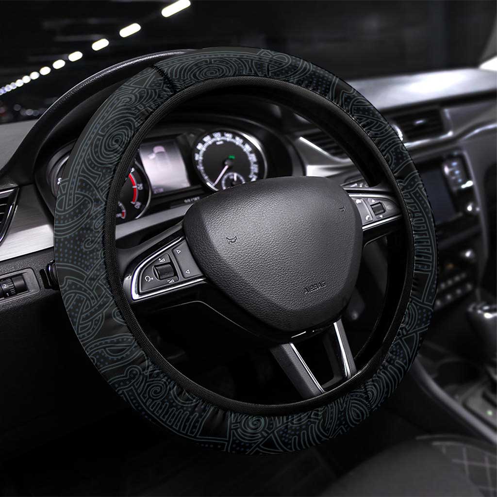 Viking Horned Skull and Raven Emblem Steering Wheel Cover Dark Nordic Tribal Grunge Illustration
