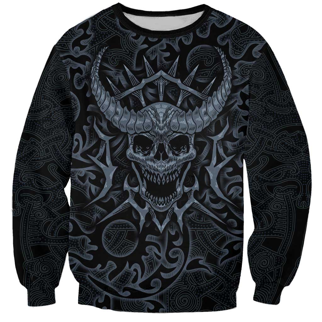 Viking Horned Skull and Raven Emblem Sweatshirt Dark Nordic Tribal Grunge Illustration