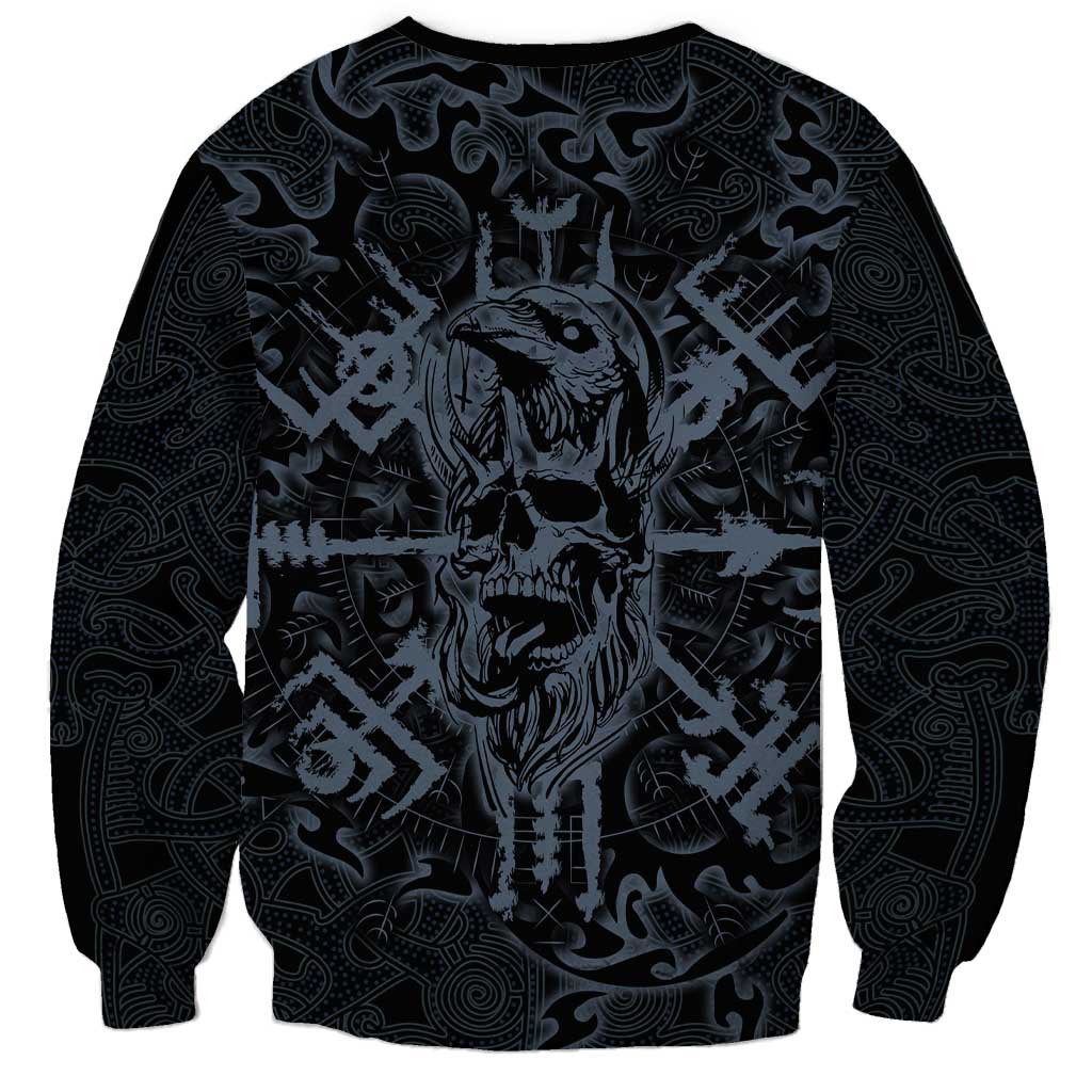 Viking Horned Skull and Raven Emblem Sweatshirt Dark Nordic Tribal Grunge Illustration