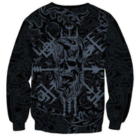 Viking Horned Skull and Raven Emblem Sweatshirt Dark Nordic Tribal Grunge Illustration