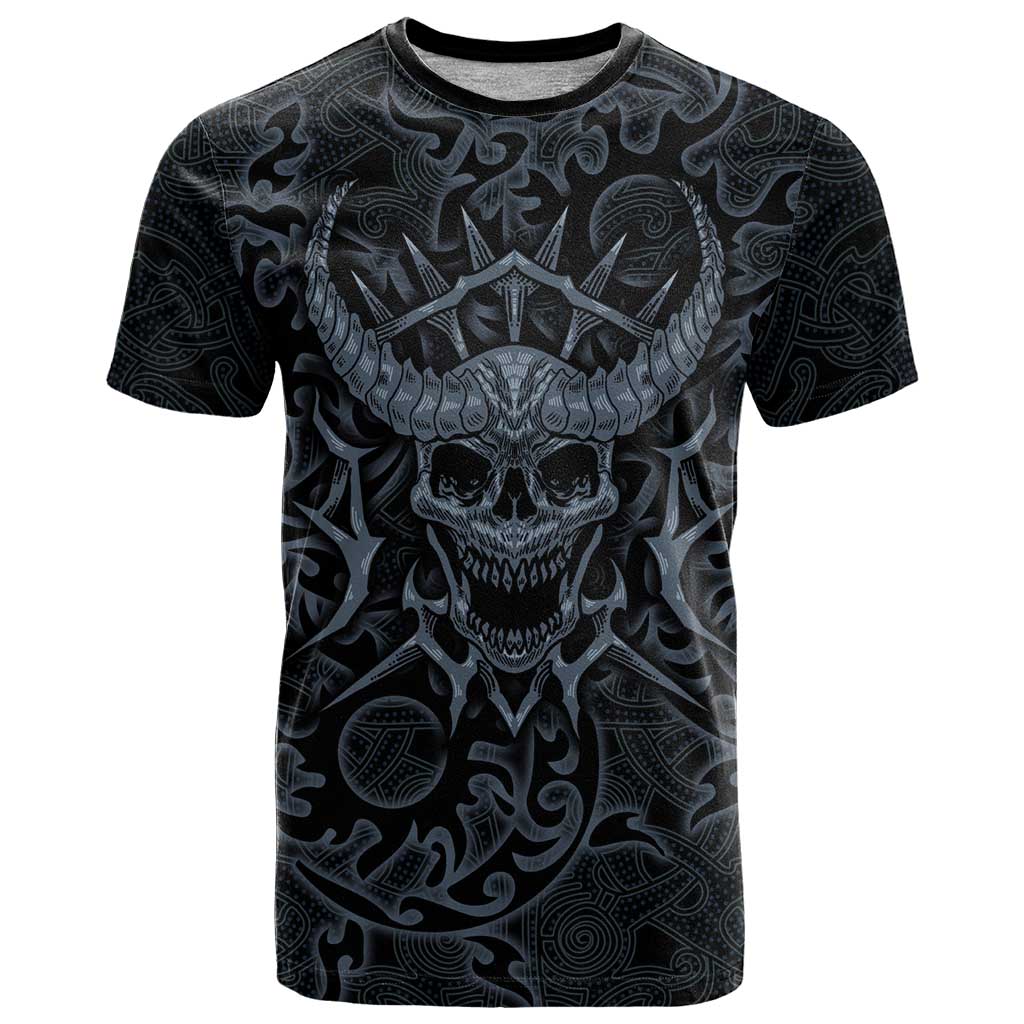 Viking Horned Skull and Raven Emblem T Shirt Dark Nordic Tribal Grunge Illustration