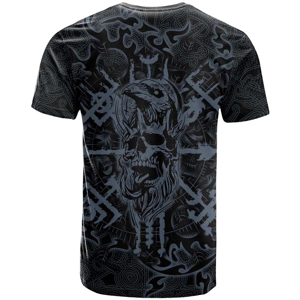 Viking Horned Skull and Raven Emblem T Shirt Dark Nordic Tribal Grunge Illustration