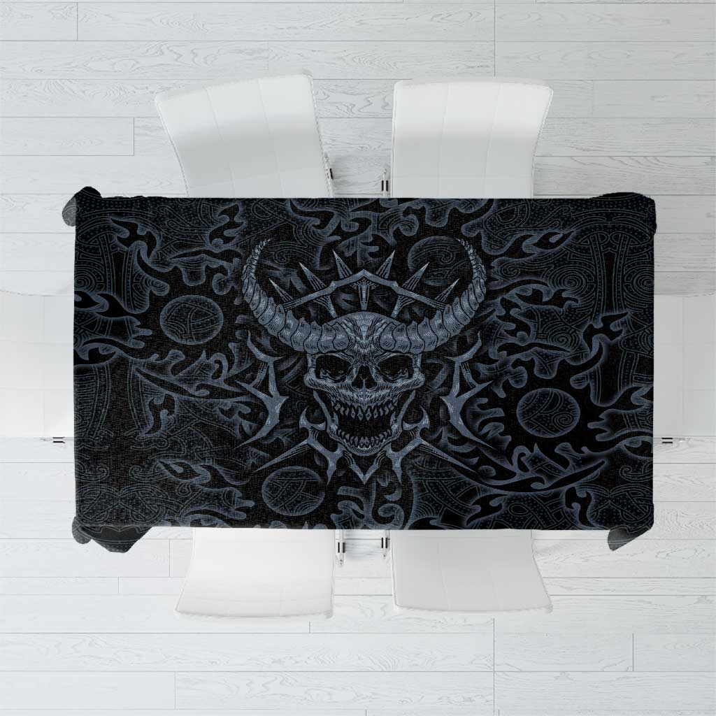 Viking Horned Skull and Raven Emblem Tablecloth Dark Nordic Tribal Grunge Illustration